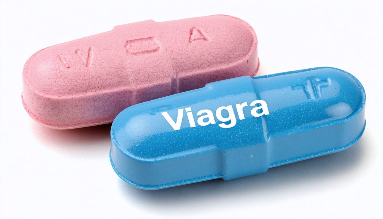 Different treatment options for erectile dysfunction including Viagra tablets, lifestyle changes, medical consultation, and comparison chart on a desk