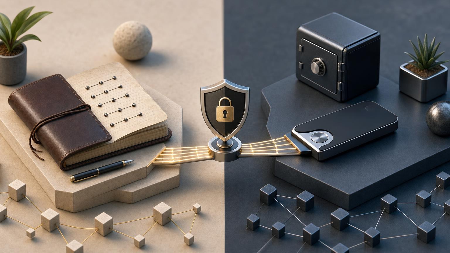 A hardware wallet beside handwritten recovery words and a secure storage container illustrating seed phrase and private key protection